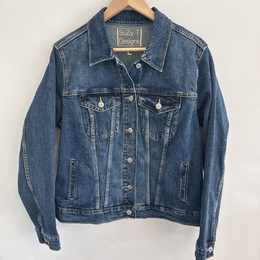 Suzy T Designs Sz L Lace Back Denim Jacket Blue Statement Couture Floral Boho - Picture 9 of 16